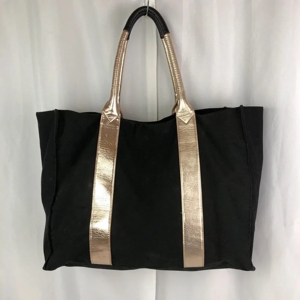 Victoria's Secret Tote Black & Gold Weekender Tote Getaway Bag Canvas Fabric - Picture 2 of 10